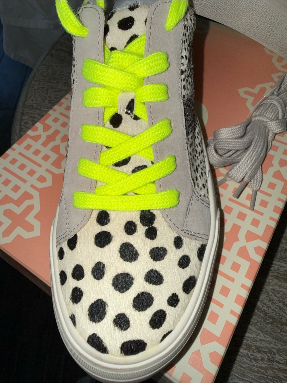GB Gianni Bini Dalmatian Print Sneaker with Neon Yellow Laces